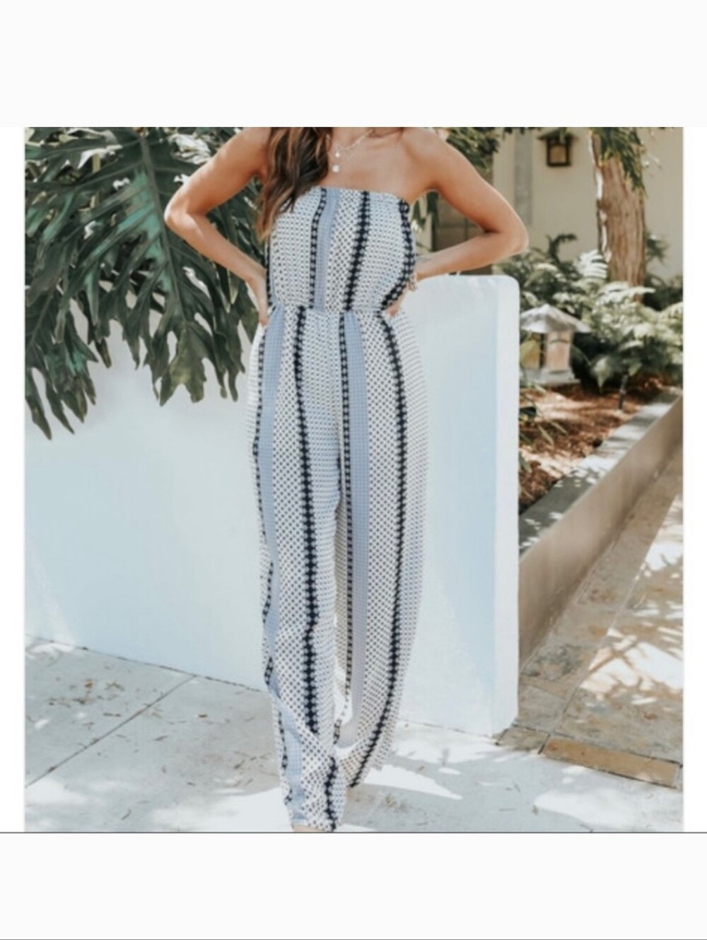 Magnolia Boutique Strapless Neutral Mixed Print Wide-Leg Jumpsuit Medium